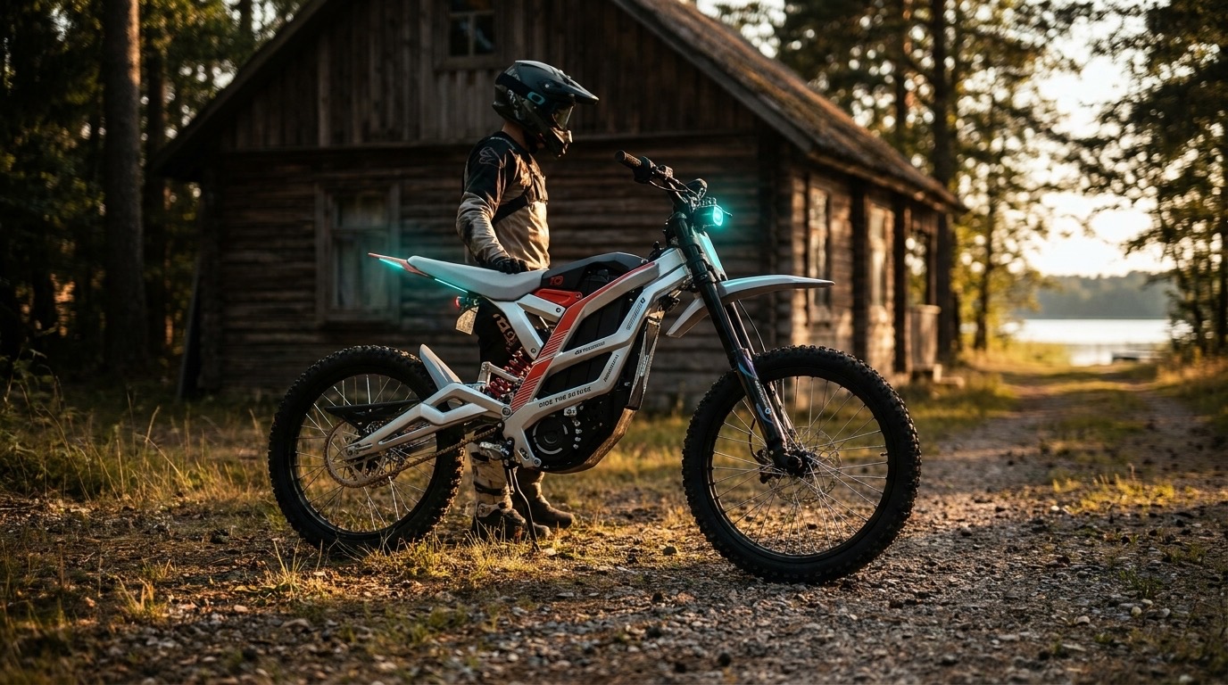 Falcon PRO у деревянной дачи — тёплый вечерний свет, озеро вдали, off-grid настроение